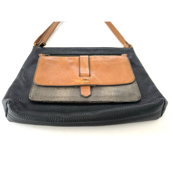 Fossil Crossbody Bag Messenger Black Tan Leather Top Zip Pockets Adjustable - Picture 4 of 16
